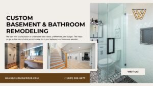 Hanson Home Works Inc. showcases custom basement and bathroom remodeling services, featuring modern bathroom and basement interiors in Weber County